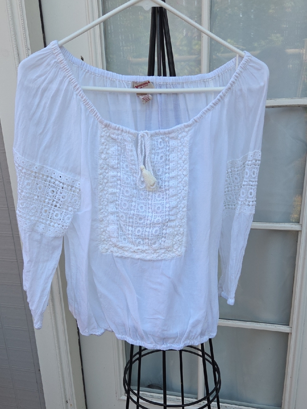 Arizona Jean Company White Boho Lace Peasant Blouse, 100% Cotton, Size L